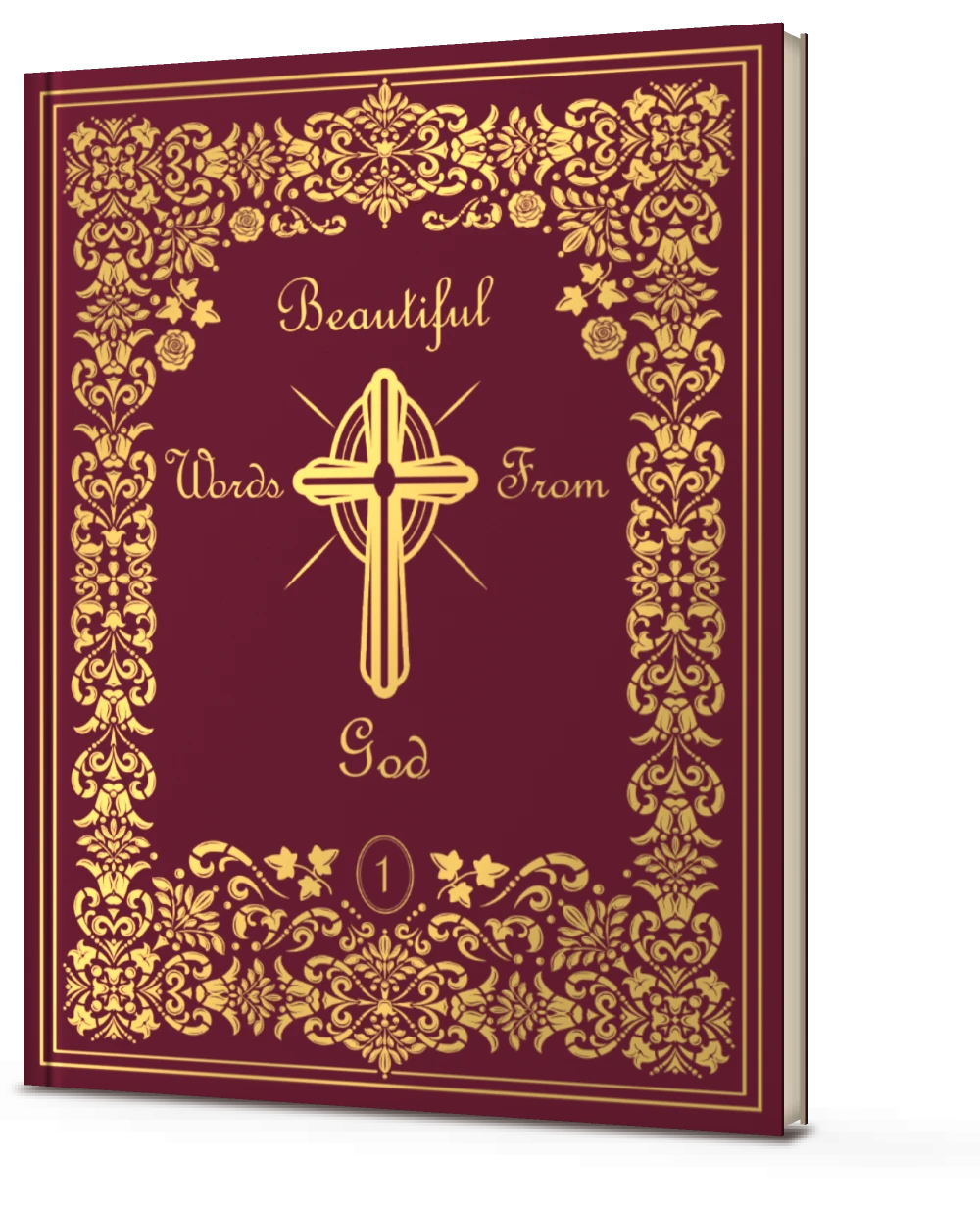 Beautiful Words from God, a burgundy hardcover book with a gold cross and floral border