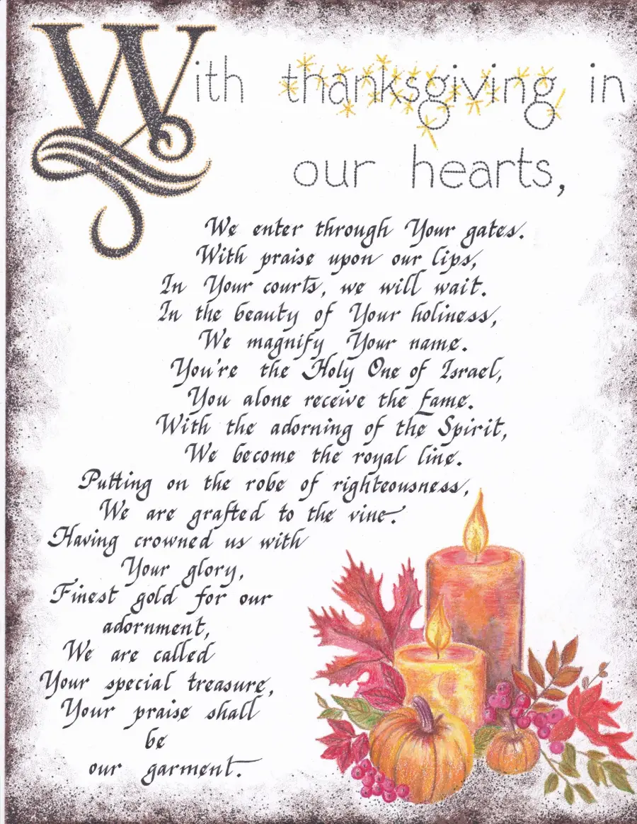 With Thanksgiving In Our Hearts, a poem hand-lettered and illustrated by Joyce Kruse